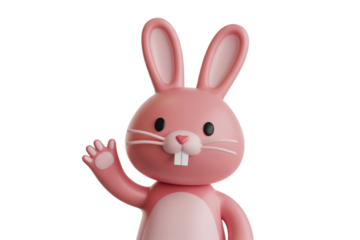 Pink cartoon rabbit waving hello, 3D render, cute, friendly. background removed