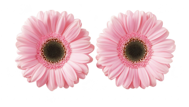 Two pink gerbera daisies with intricate petal details. set against a clean white background. ideal for floral-themed designs or nature-inspired projects