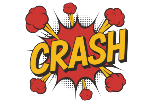 A retro-style comic book "CRASH" word art with red and yellow colors and explosion effects. background removed - Powered by Adobe