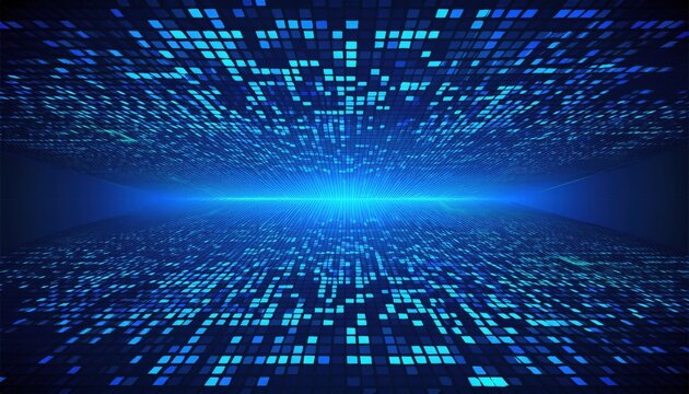 abstract digital data grid with glowing blue squares representing futuristic technology and virtual space for modern web design and editorial background