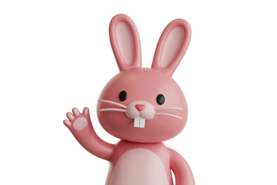 Pink cartoon rabbit waving hello, 3D render, cute, friendly. background removed
