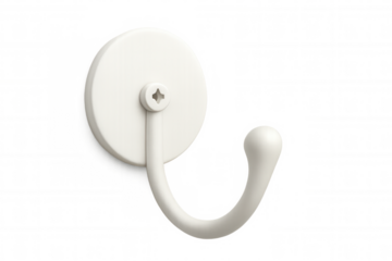 White plastic wall hook for home organization, simple single hanger for coats, hats, towels on transparent background