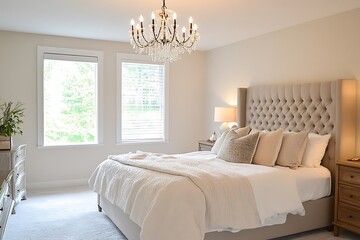 A statement chandelier above the bed, with clean white walls and a minimalistic approach to décor 