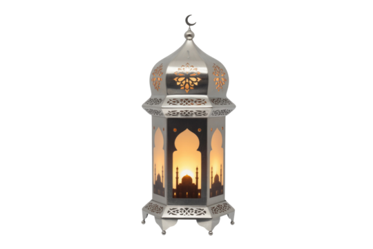 Ornate silver lantern with mosque silhouette, lit from within,  embodying Islamic culture and Ramadan. background removed