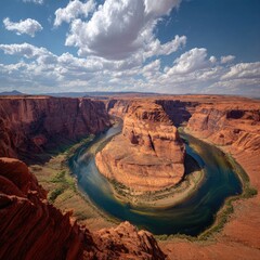 High-angle view of Horseshoe Bend, Arizona. Dramatic desert landscape with a meandering river. Bright sunlight and puffy clouds