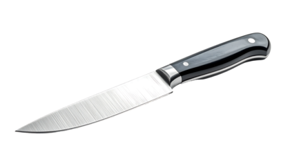 Sleek, stainless-steel blade kitchen knife with a dark, polished, ergonomic handle, angled for comfortable grip
