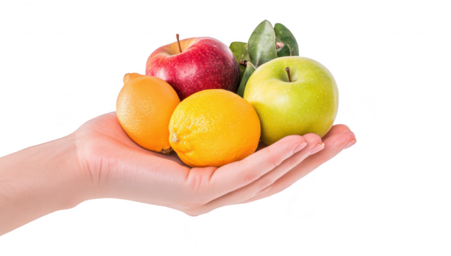 A hand holding a assortment of fresh fruits including red and green apples. a yellow lemon. and an orange. set against a clean white background. perfect for health and nutrition-related content