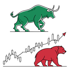 Illustration of a bull and bear market with a stock chart, the bull is green and the bear is red, representing the opposing forces in the financial market