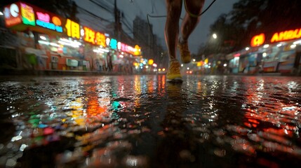 Obraz premium Running in the rain wet street city lights reflection night run fitness cardio workout urban scene exercise