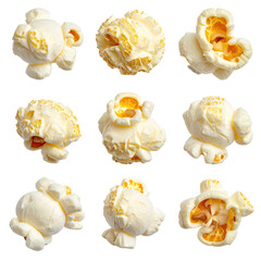 Popcorn kernels, various angles.  Close-up, isolated