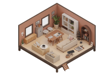 Isometric illustration of a cozy living room with beige furniture, wooden accents, and bookshelves, showcasing a minimalist interior design. background removed