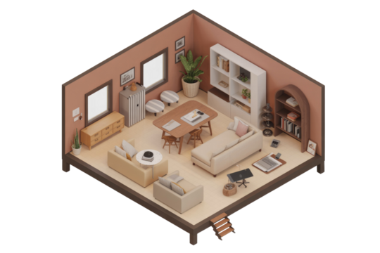 Isometric illustration of a cozy living room with beige furniture, wooden accents, and bookshelves, showcasing a minimalist interior design. background removed
