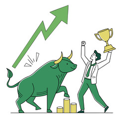 Vector art of a triumphant businessman celebrates stock market success with a trophy, standing beside a bullish green bull and rising graph