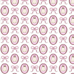 Cute seamless pattern with pastel pink ghosts framed in ovals and decorative bows, creating a kawaii Halloween aesthetic.