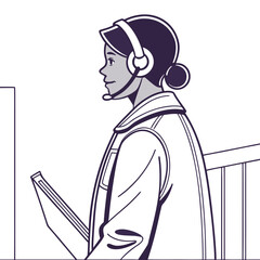 Vector art of a woman with headset working on computer, representing customer service, support, and communication, symbolizes assistance and online interaction