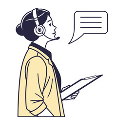 Vector art of a woman with a headset is providing customer service, holding a clipboard and offering assistance with a speech bubble