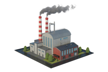 Isometric 3D rendering of a factory emitting smoke from its chimneys, showcasing industrial production. background removed