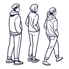 Vector art of three young people standing in a row, wearing hoodies and casual clothing, they are facing to the side in a simple line drawing style