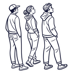 Vector art of three young people standing in a line, looking up, they are wearing casual clothing, hoodies, and caps in a simple line drawing style