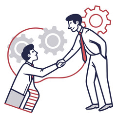 Vector art of two businessmen shaking hands, symbolizing a successful agreement and partnership, with gears in the background representing collaboration and strategic alignment