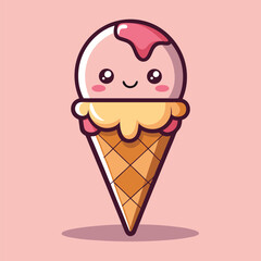 Cute kawaii strawberry ice cream cone character with happy face and pink background