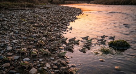 A Large Gathering of Frogs on a Rocky Riverbank at Sunset
