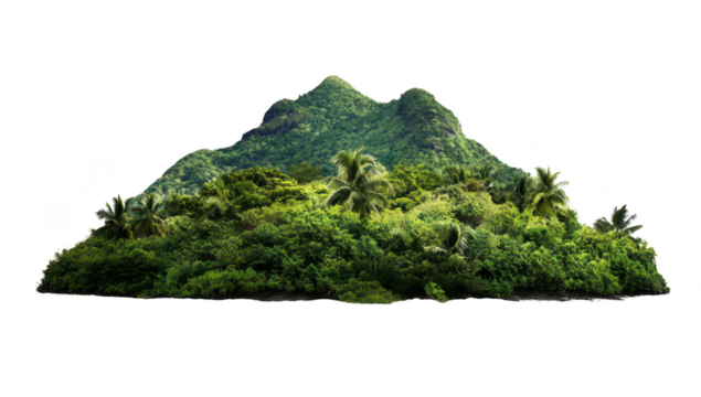 Lush tropical island greenery with a prominent mountain in the background. surrounded by clear blue skies. ideal for nature-themed projects or travel promotions