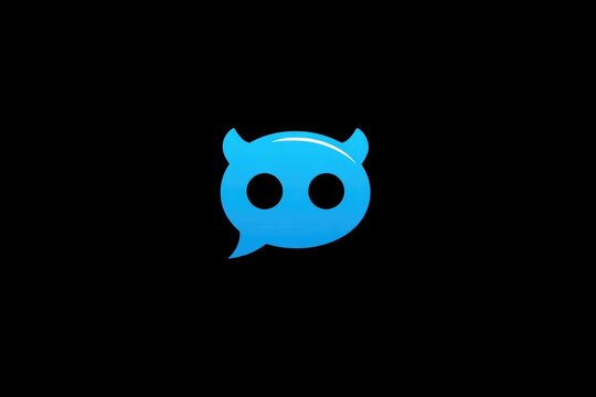 A stylized blue speech bubble with small horns and two eyes