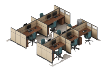 Isometric view of a modern office layout with cubicles, computers, and chairs. background removed