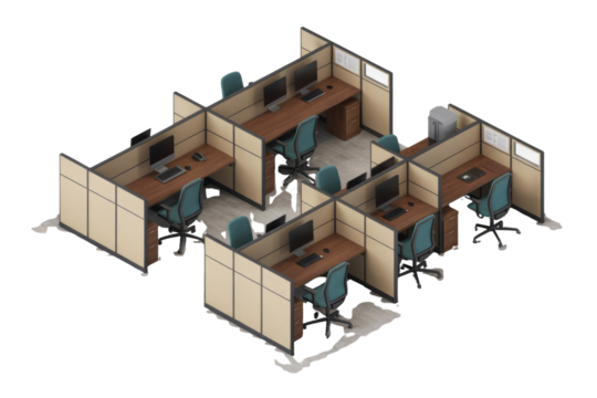 Isometric view of a modern office layout with cubicles, computers, and chairs. background removed