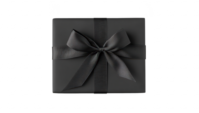 A beautifully wrapped black gift box with a sleek ribbon. placed on a clean white surface. creating an elegant presentation perfect for various occasions like birthdays or celebrations