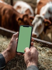 Farmer holding smartphone with green screen mockup in front of cows eating hay on farm, over the shoulder close-up view in bright daylight