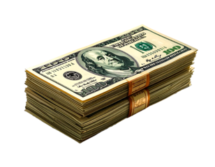 Two stacks of one hundred dollar bills, banded together, angled slightly to the right