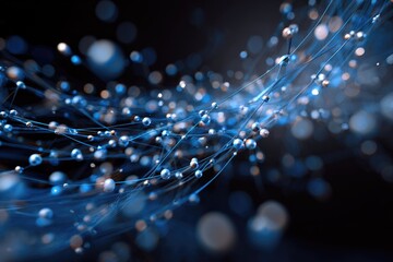 Abstract swirling network of glowing blue nodes and thin lines on dark background