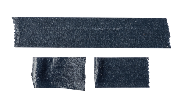 Dark gray adhesive tape pieces, slightly irregular in shape,  showing texture and edges.  Three separate, rectangular pieces
