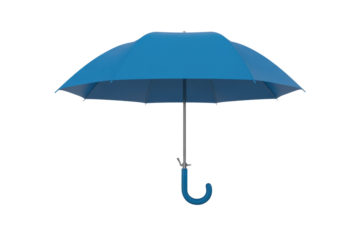 A vibrant blue umbrella, isolated on a transparent background, stands closed with a curved handle. background removed