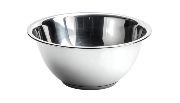 A gleaming stainless steel mixing bowl, wide, shallow, with a slightly flared rim, sits against a black background