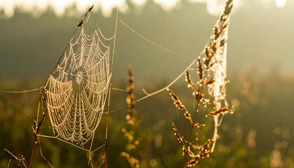 Dew-kissed spiderweb in morning light
