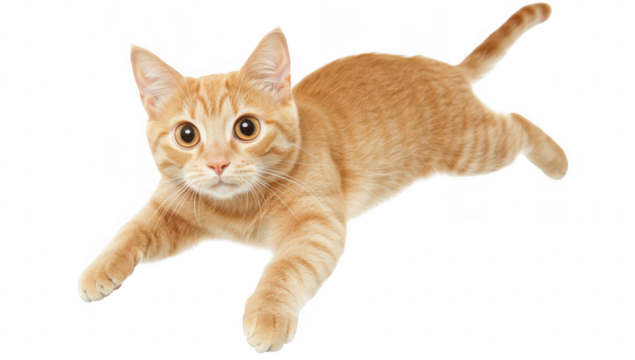 An adorable orange tabby cat playfully leaping in mid-air against a clean white background. its playful nature and curiosity. perfect for animal-themed content