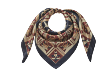 A navy blue silk scarf with maroon and beige geometric and floral patterns, elegantly knotted. background removed