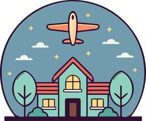 Airplane flying over a house at night with stars in the sky illustration