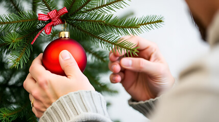 A man is seen closely hanging a red Christmas ball onto a spruce branch..A close-up shows a man attaching a red Christmas ornament to a spruce branch..A detailed view of a man affixing a red