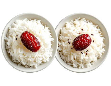 Two small white bowls of rice, each topped with a red date