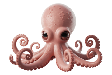 Adorable cartoon octopus with big eyes and curled tentacles, 3D render. background removed