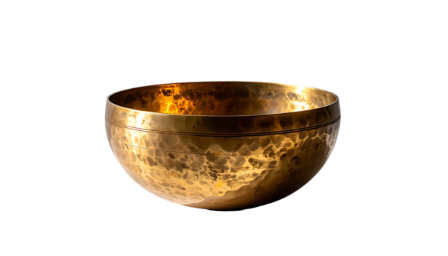 A wide, shallow, golden singing bowl with a hammered, textured surface and a subtle darker band near the rim, set against a black background