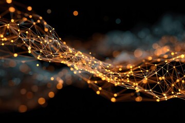 Abstract flowing network of glowing points and lines on a dark background