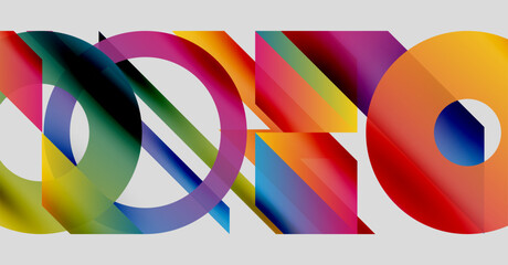 Abstract colorful shapes overlap, creating dynamic visual composition. Gradients blend hues, forming flowing patterns. Modern design element.