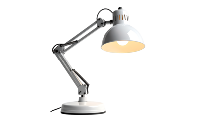 A white, adjustable desk lamp with a broad, downward-facing shade, illuminated, on a circular base, set against a black background