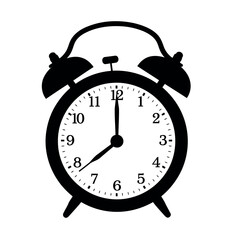 Vector illustration of a black silhouette of an alarm clock with bells on top, isolated on a