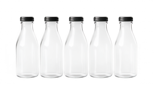 A row of five clear glass bottles with black caps. positioned on a white background. their empty state. ideal for packaging or beverage-related stock photography